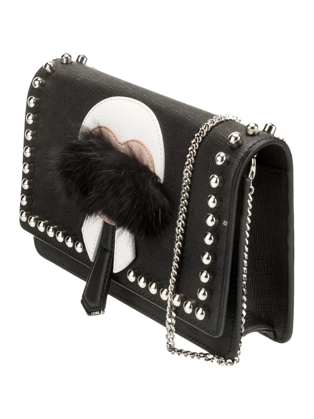 Fendi Karlito Studded Saffiano Leather Chain Clutch Crossbody Black